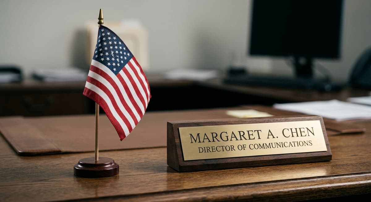 small American flag standing on a desk beside a nameplate
