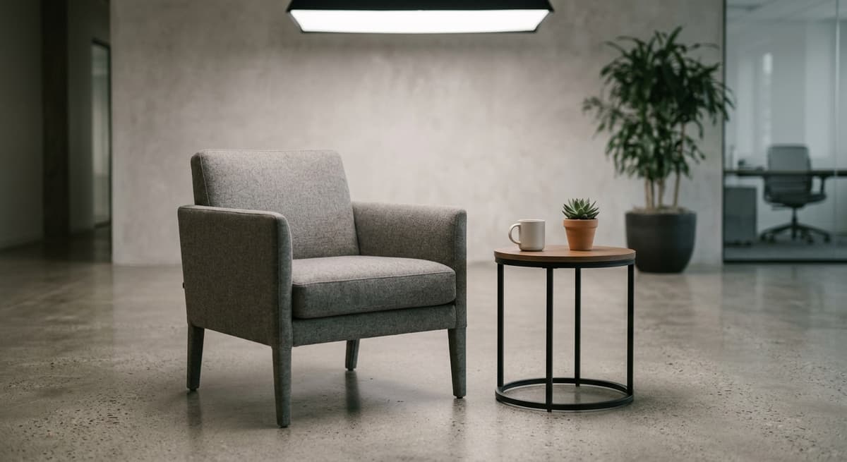 modern office reception area with a single chair and small table