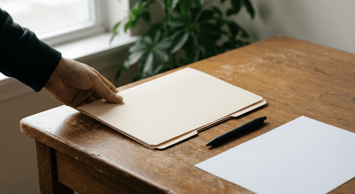 Hand setting a closed blank folder on a wooden desk beside a black pen and a clean sheet, plant by the window