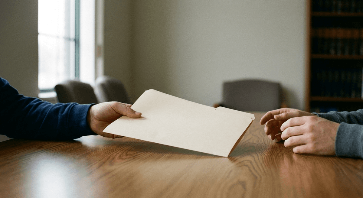 A hand passing a closed manila folder across a wooden table to a waiting hand