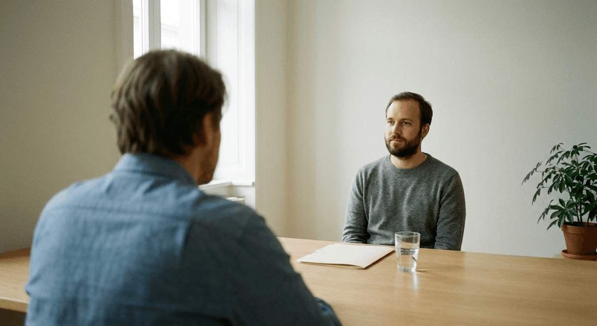 Two people talking across a plain wooden table, a closed folder and glass of water between them