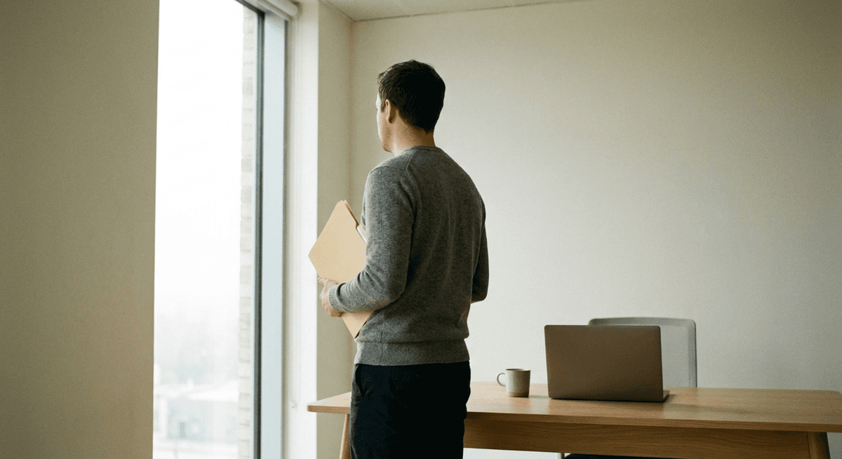 Office worker seen from behind holding a closed folder, looking out a tall window beside a desk