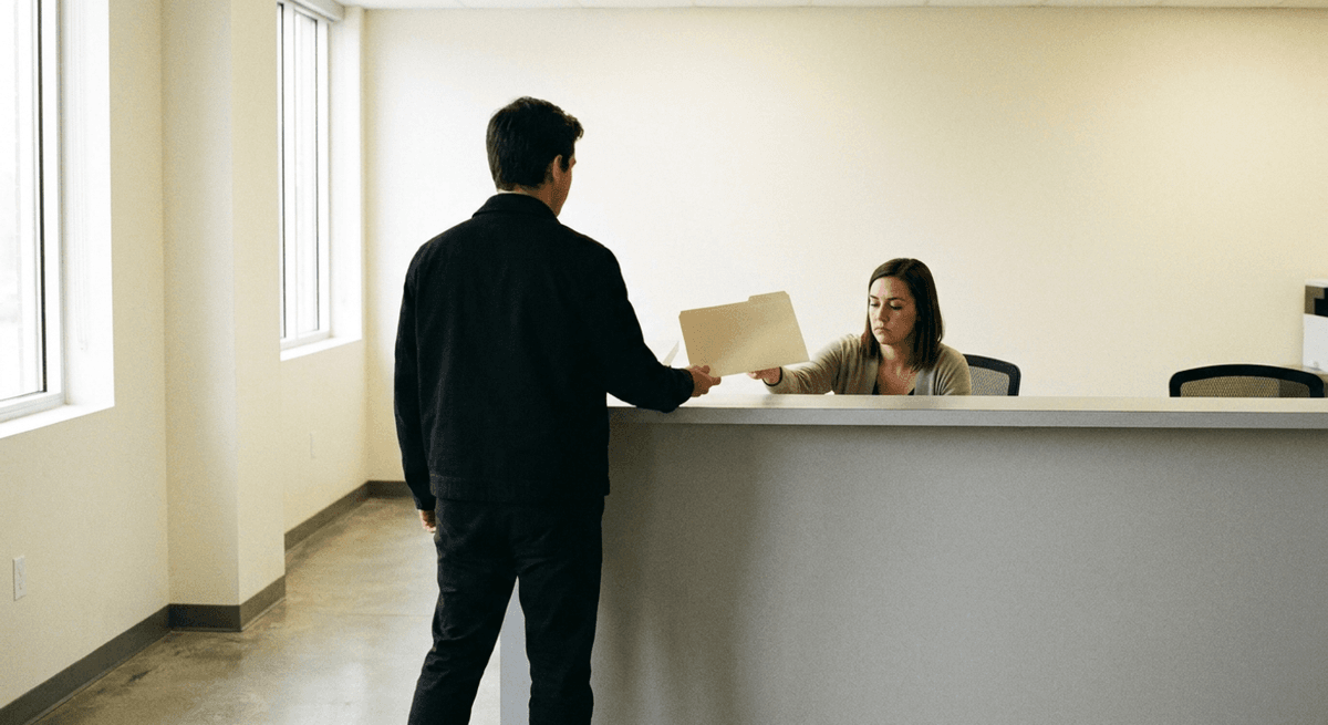 A person handing a closed folder across a plain service counter to a seated clerk in a bright office