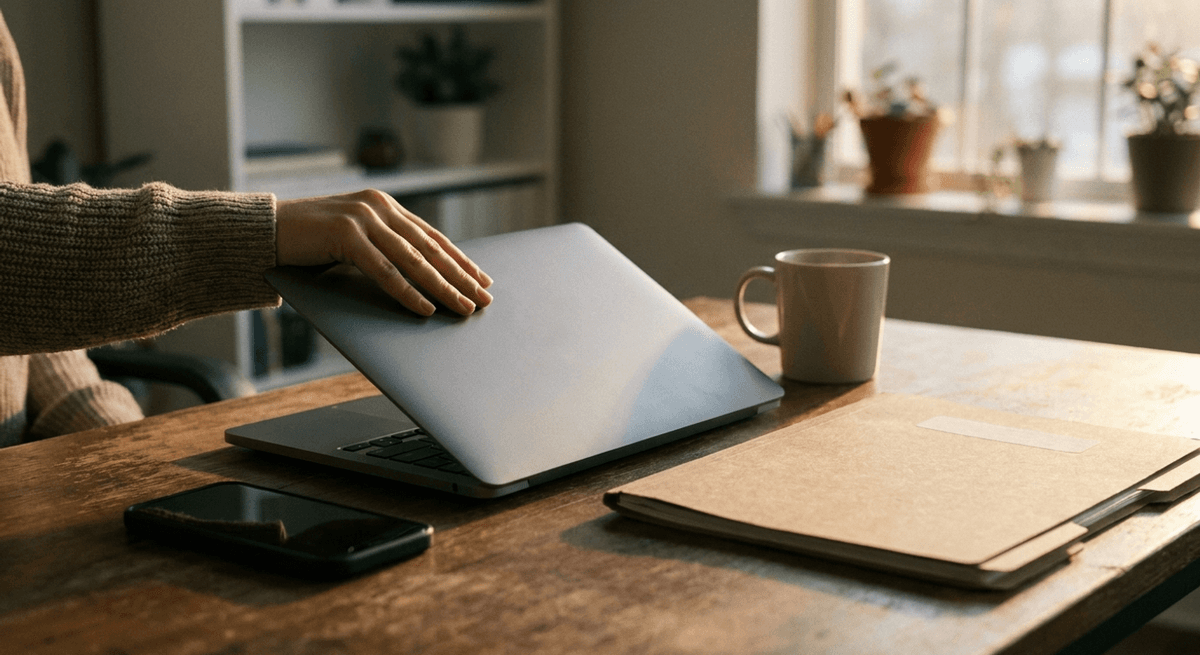 una mano cierra la tapa de una laptop gris lisa junto a un teléfono, una taza y una carpeta cerrada