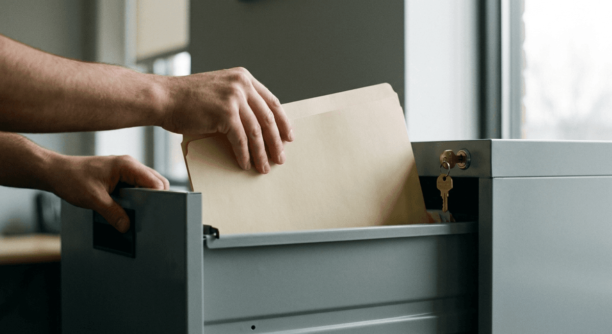 two hands sliding a plain manila folder into a grey metal filing cabinet drawer with a key in the lock