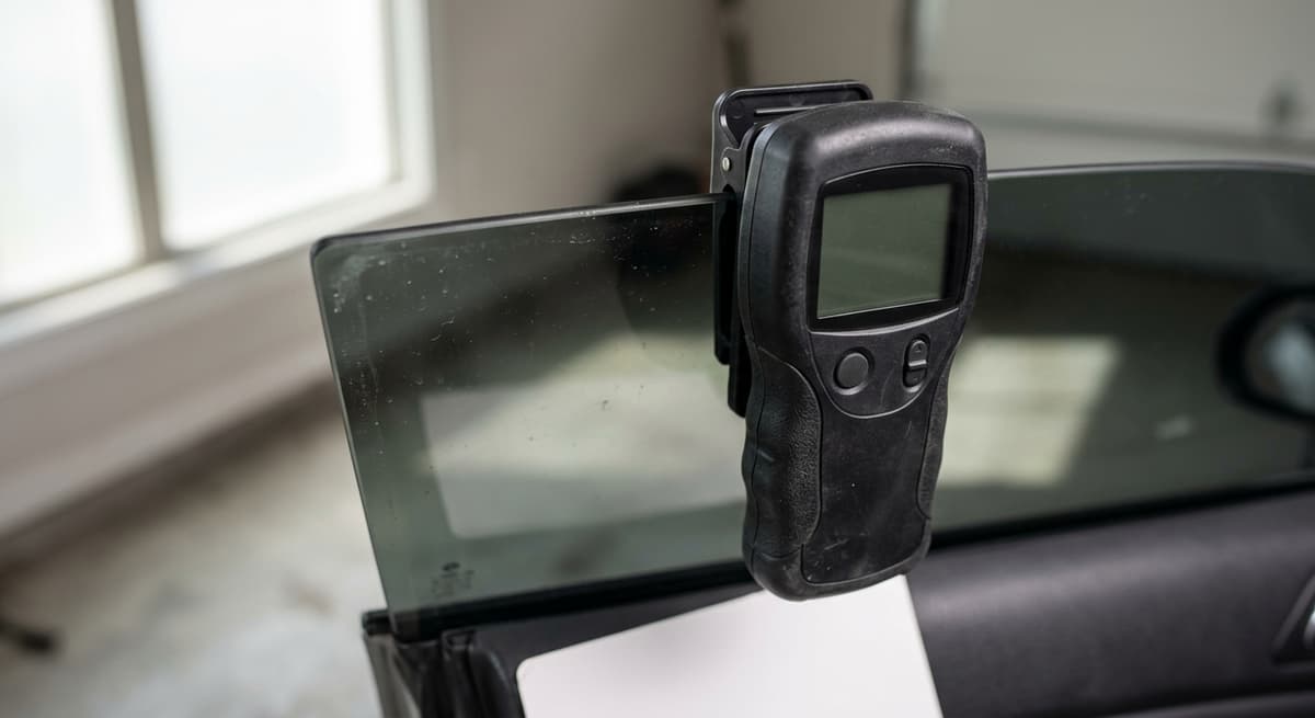 un medidor portátil de VLT sujeto a un vidrio de auto, sin personas