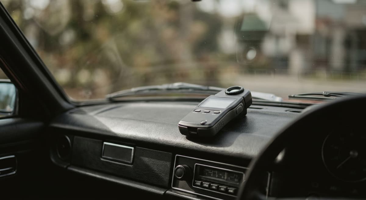 un medidor digital de luz en el tablero de un auto durante el día, sin personas