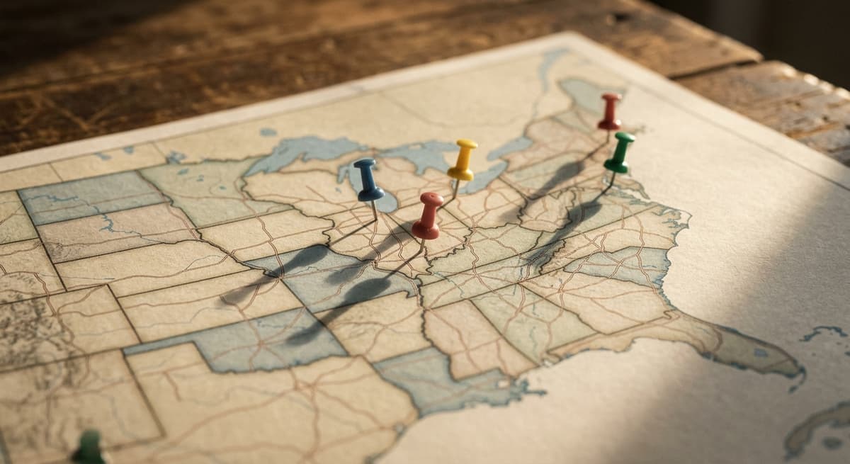 un mapa impreso de Estados Unidos sobre un escritorio con chinchetas de colores