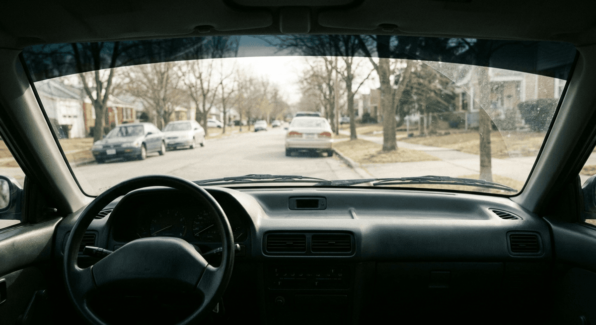 Vista desde el interior de un auto a través del parabrisas con una franja oscura de polarizado en la parte superior y una calle residencial