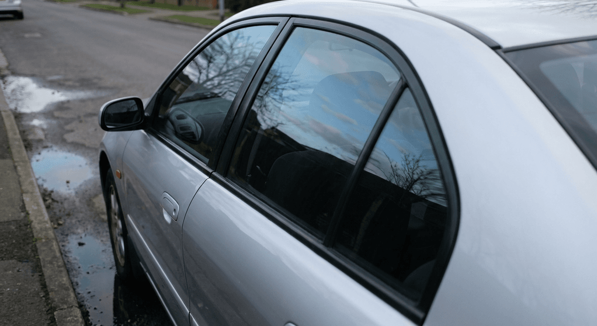 Ventanilla trasera de un auto plateado con vidrio polarizado oscuro que refleja el cielo y los árboles