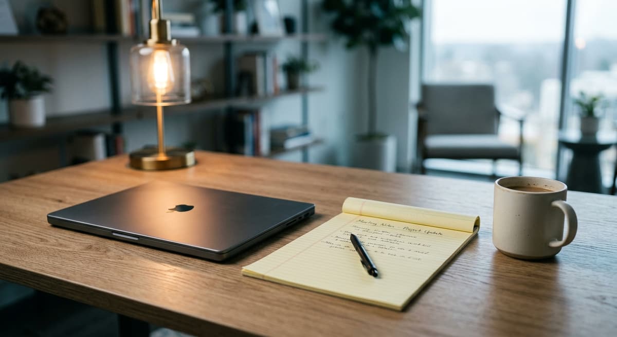 clean desk with a laptop, legal pad, and coffee mug in a modern office