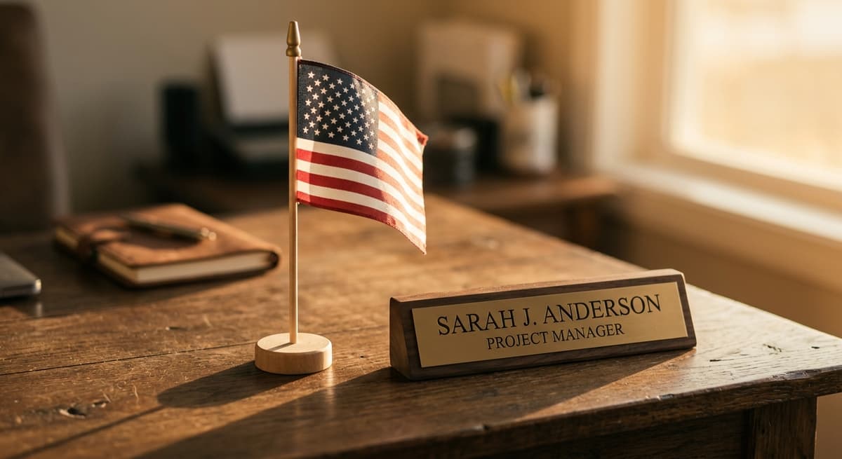 Nevada small american flag standing on a desk beside a nameplate