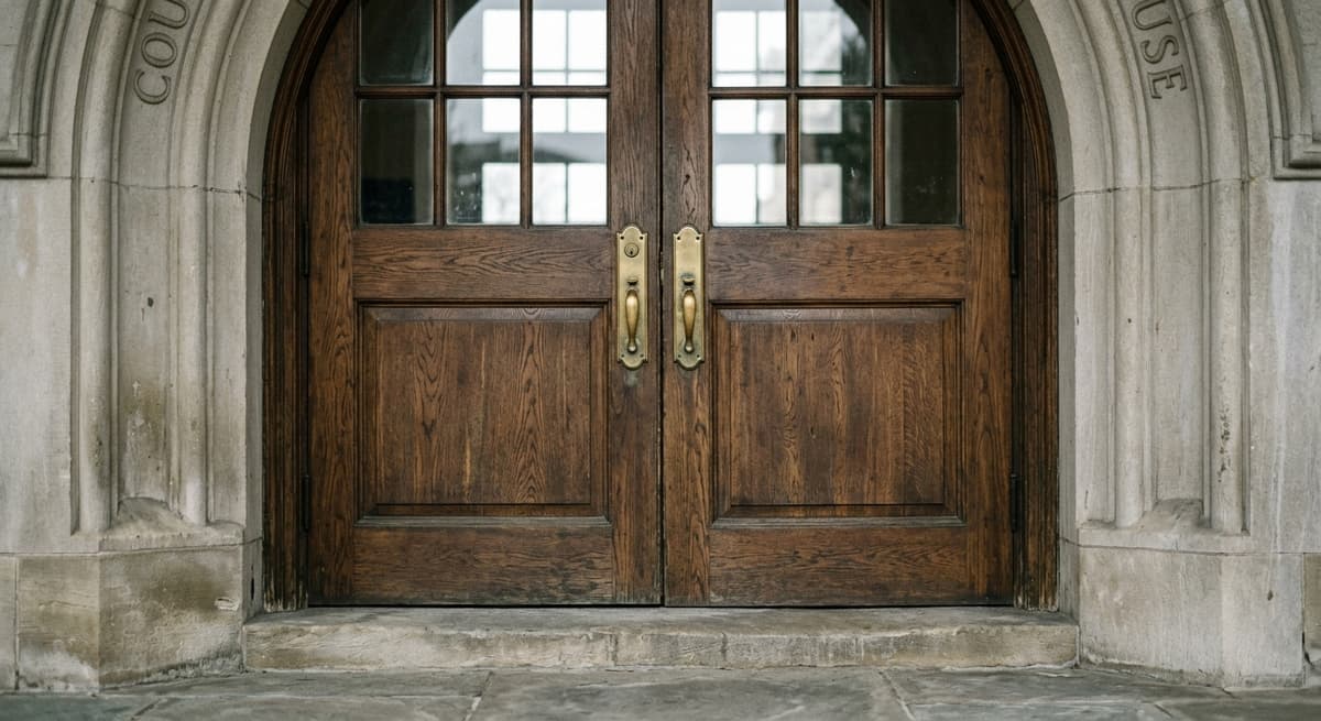 Rhode Island courthouse entrance door with brass handles