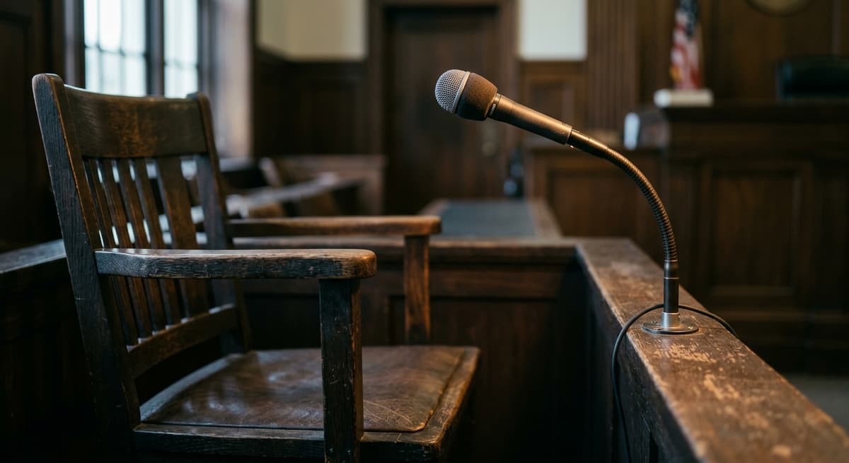Rhode Island witness chair in a courtroom with a microphone