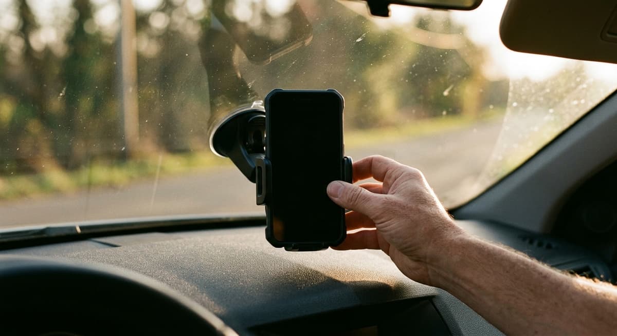 Una mano ajustando un teléfono colocado en un soporte para parabrisas, solo se ven los dedos, sin rostro
