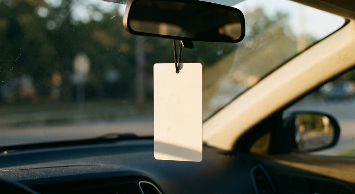 A blank permit placard hanging from a rearview mirror by a loop