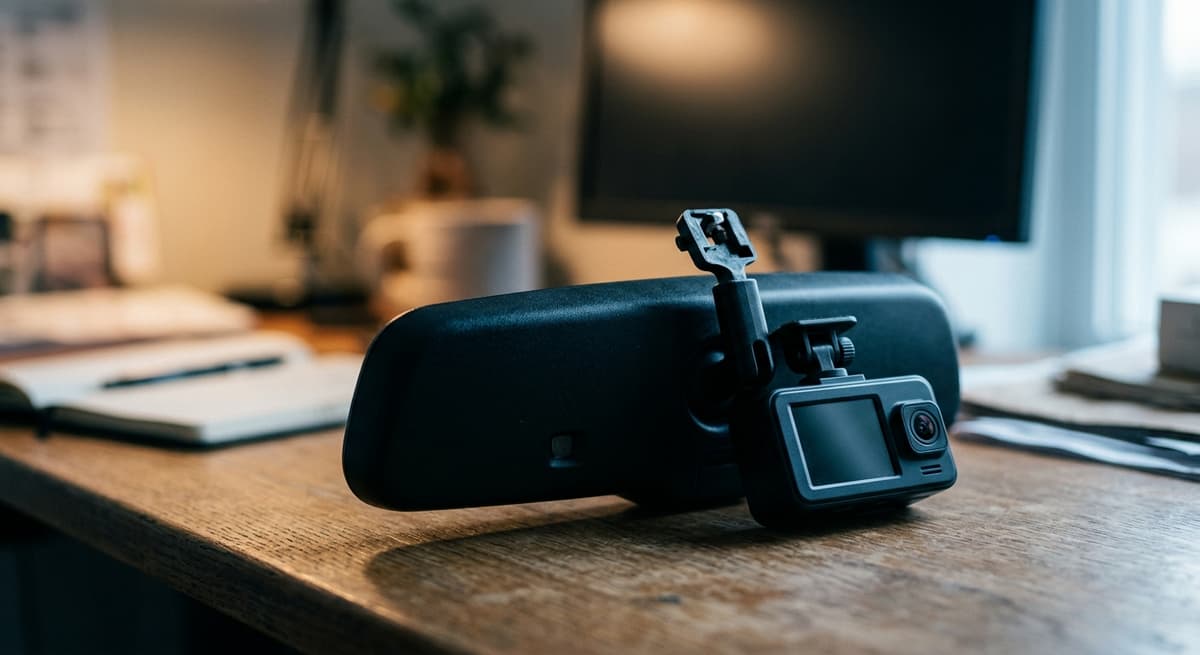 A rearview mirror with a small dashcam clipped beside its base