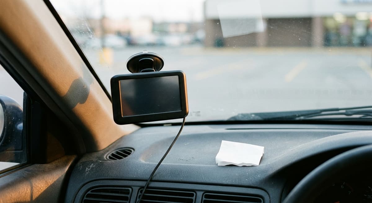 A compact GPS unit mounted in the lower corner of a windshield, dashboard below