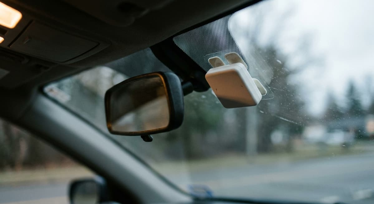 A toll transponder adhered to the inside of the windshield near the mirror
