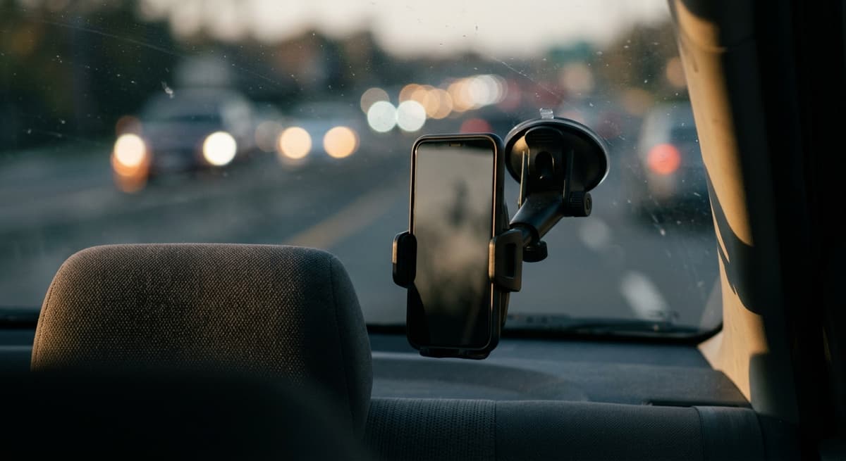 A phone mounted on a windshield seen from the back seat at dusk, blurred lights ahead