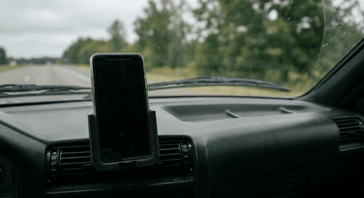 A smartphone with a dark screen in a plain dashboard cradle, with the road ahead through the windshield