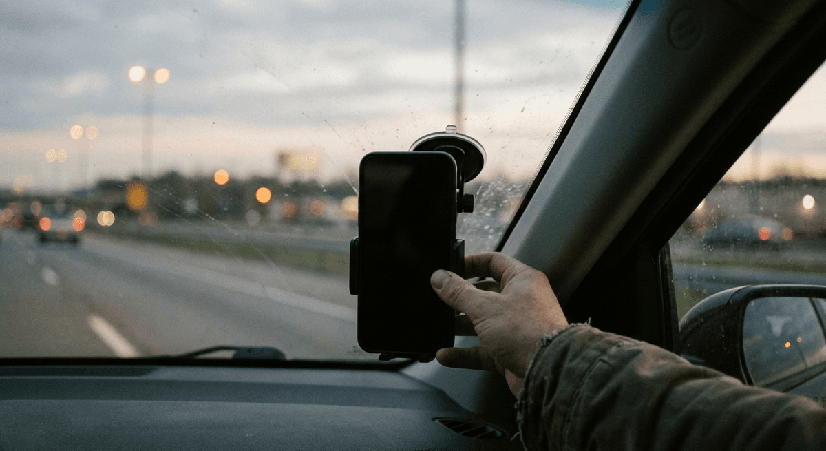A hand adjusting a smartphone in a suction-cup mount on a car windshield at dusk