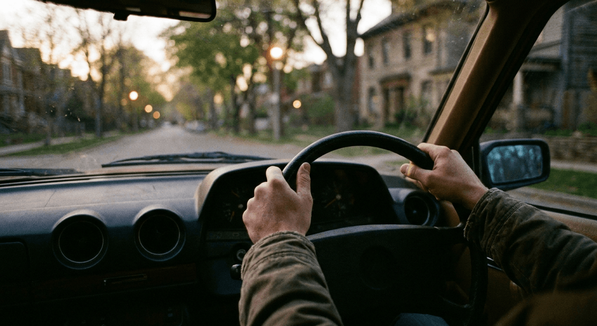 A driver's two hands on the steering wheel of a car on a tree-lined street at dusk