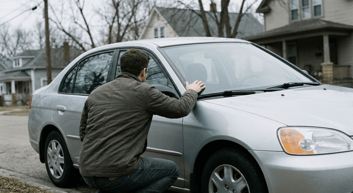 A person crouching beside a silver sedan, hand resting on the windshield, on a quiet street