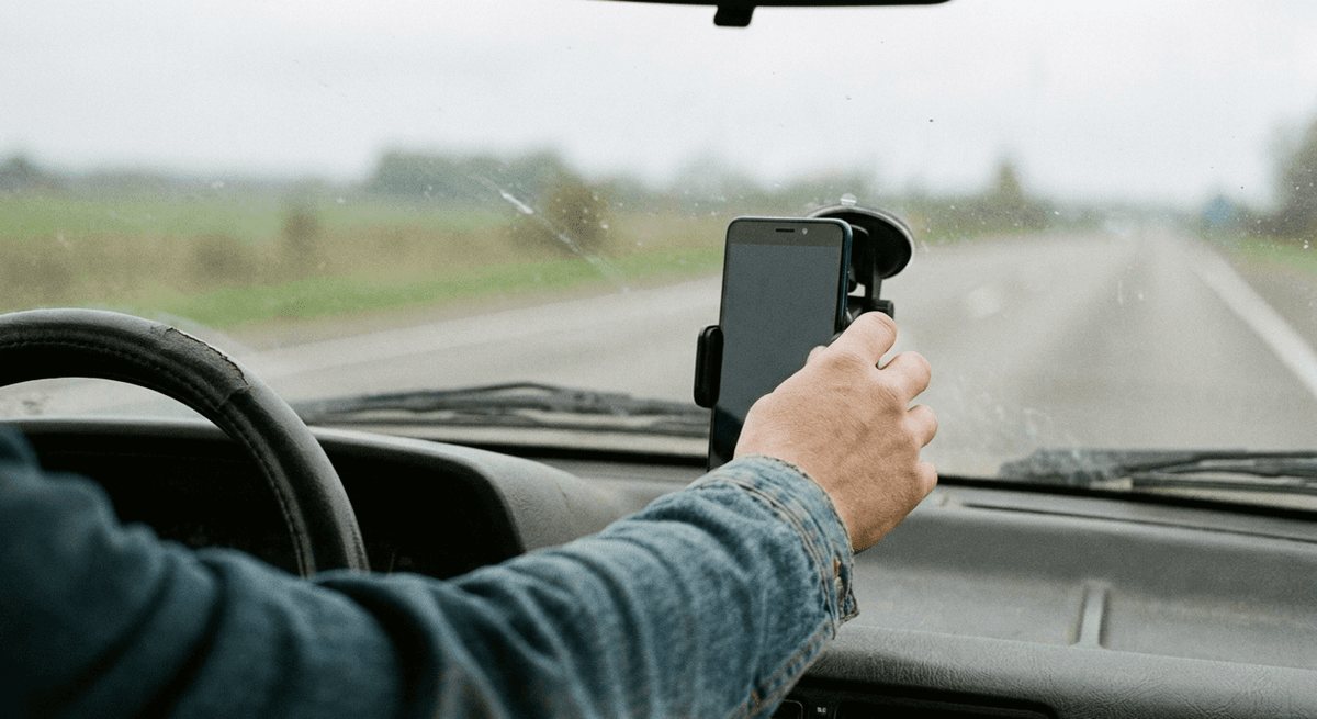 Driver's hand adjusting a phone in a suction-cup mount on the windshield of a car on an open road