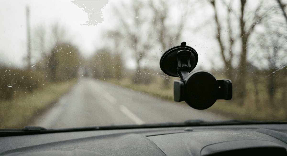 a plain black suction-cup phone mount on a windshield with a misty road ahead
