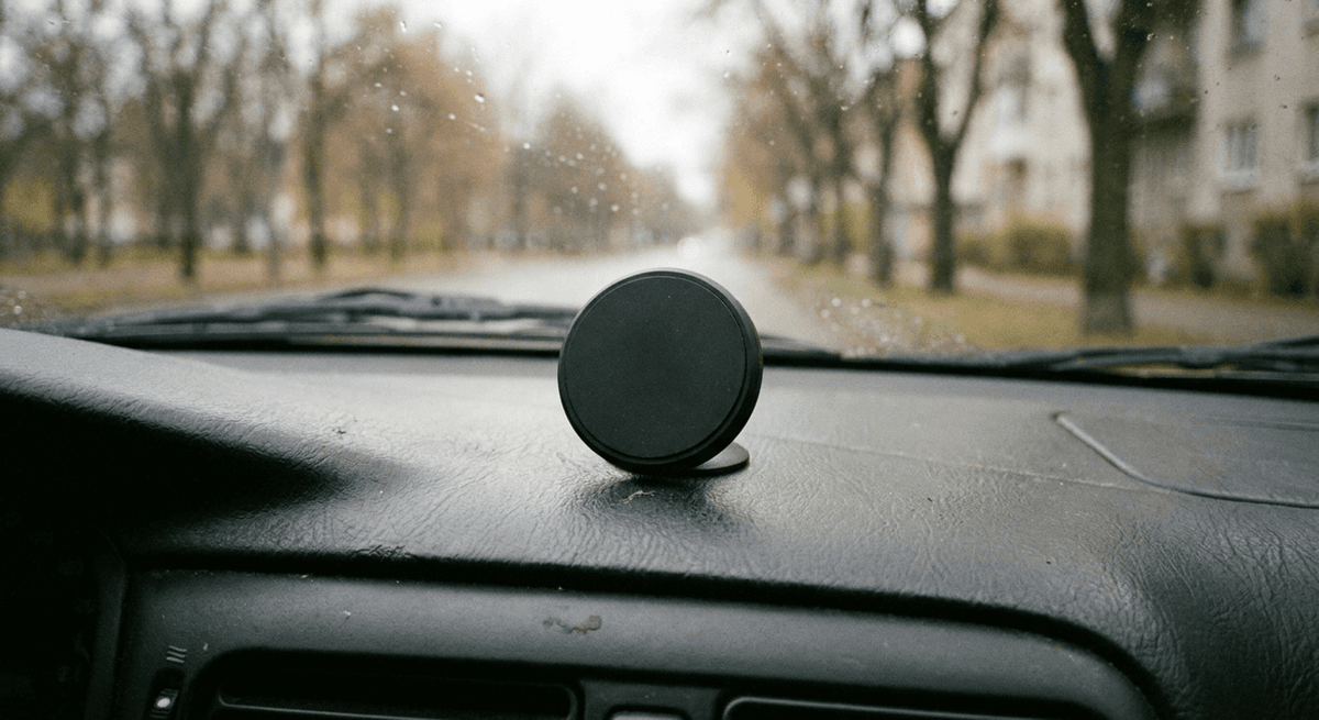 Round matte-black magnetic phone-mount disc on a textured dashboard, blurred street beyond the windshield