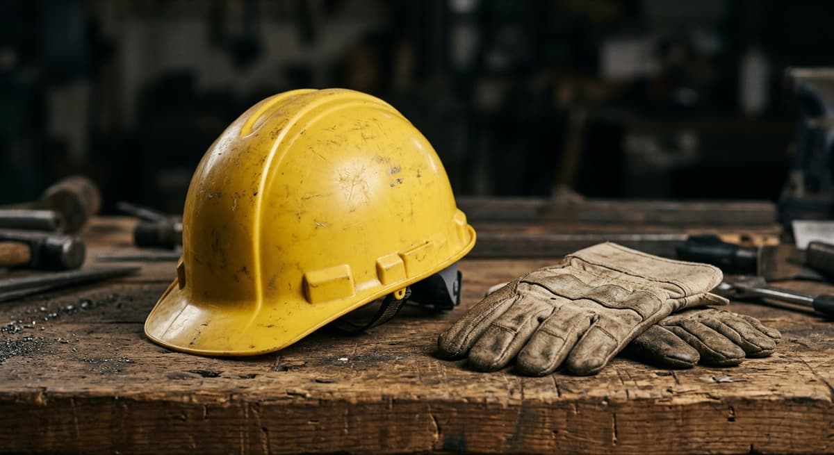 un casco amarillo sobre un banco de trabajo junto a guantes de trabajo, sin personas