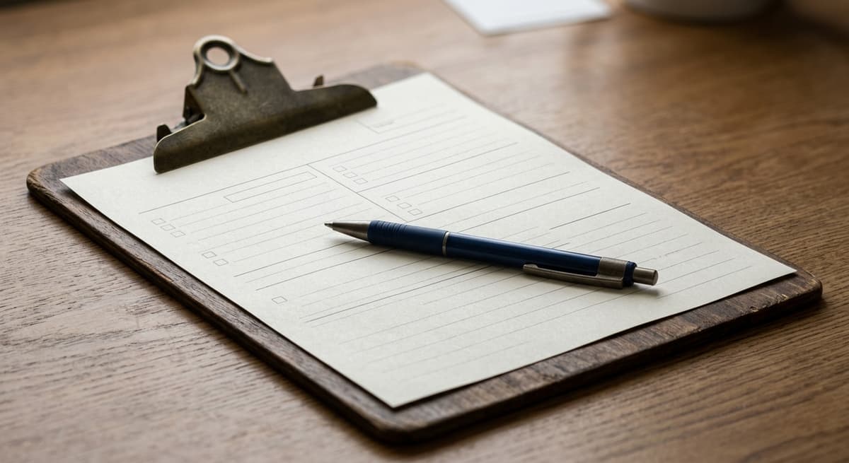un formulario de reclamo de compensación para trabajadores en blanco sobre una tablilla con sujetapapeles y un bolígrafo
