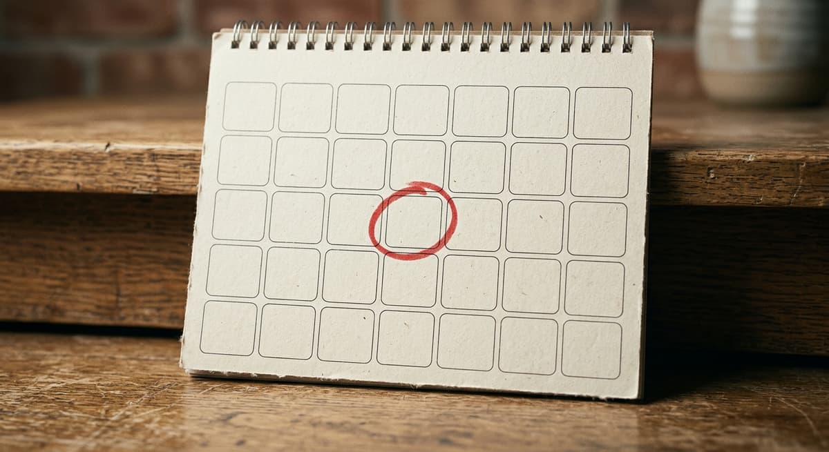 un calendario de pared con una fecha marcada en rojo sobre un escritorio