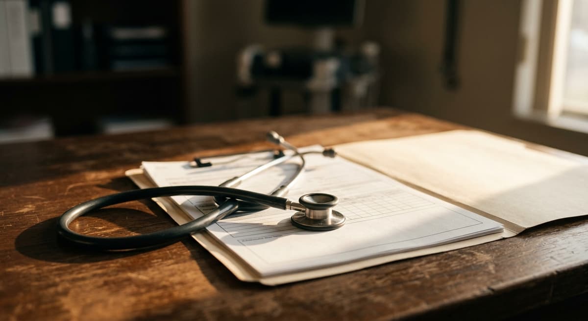 un estetoscopio sobre un expediente médico en un escritorio, sin personas