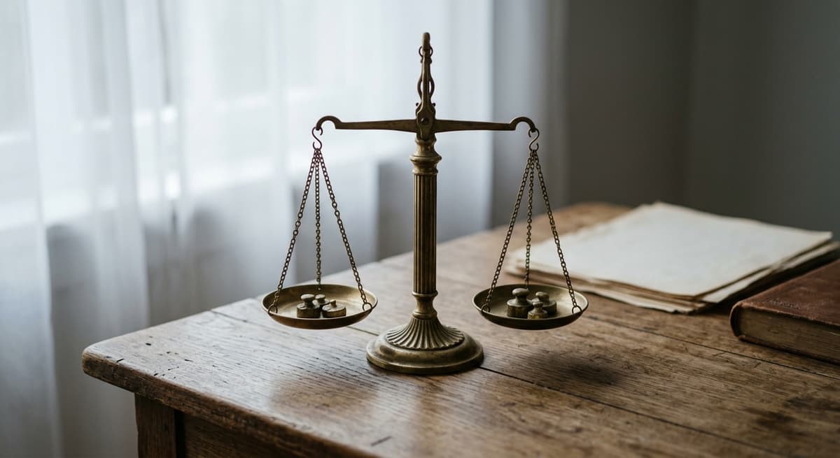 una balanza de bronce sobre un escritorio de madera