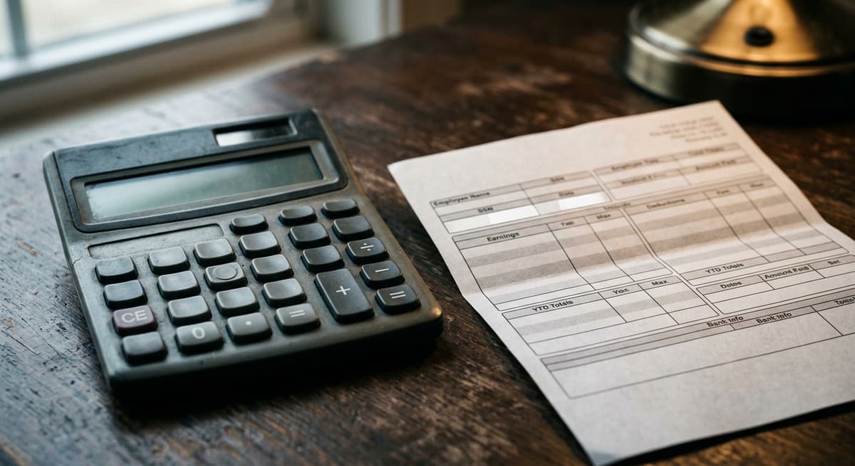 una calculadora y un comprobante de pago impreso sobre un escritorio