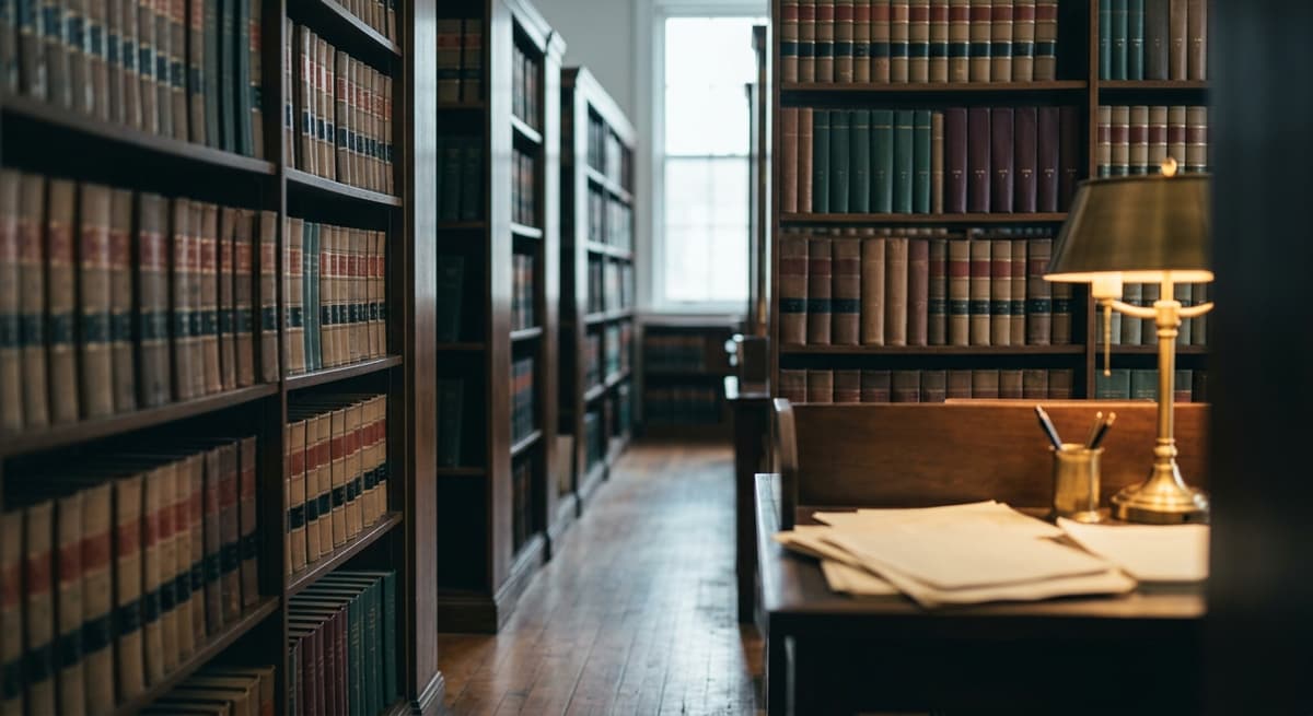a quiet law library aisle with tall shelves of bound legal volumes