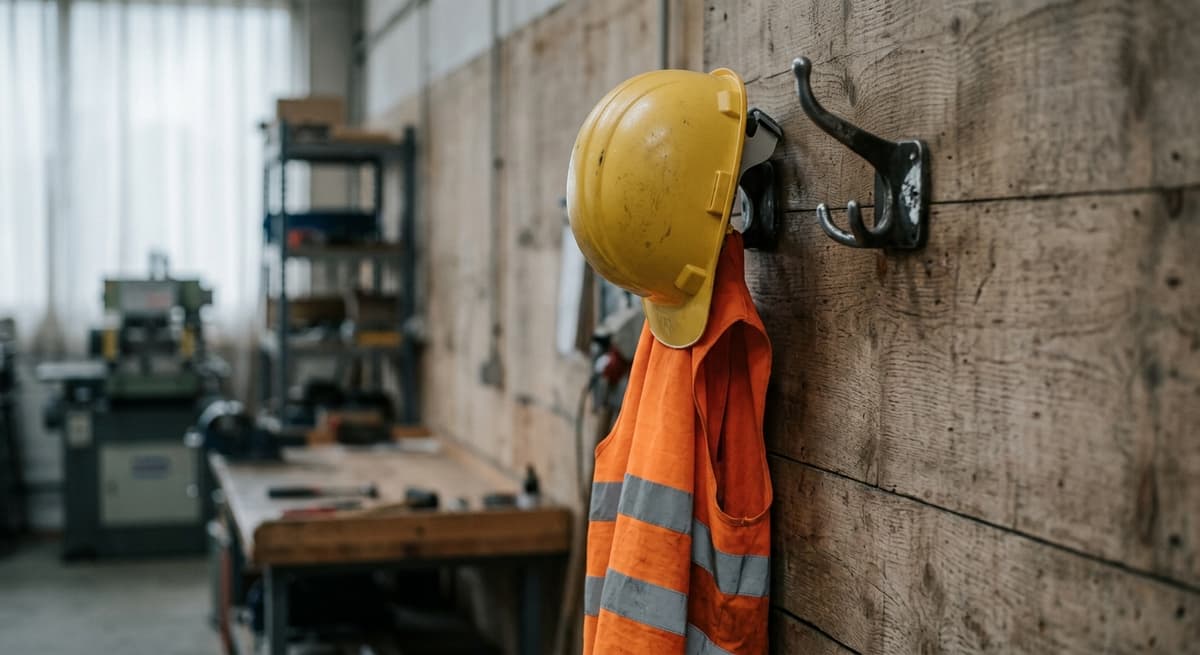 un casco de seguridad y un chaleco reflectante colgados de un gancho en un taller vacío