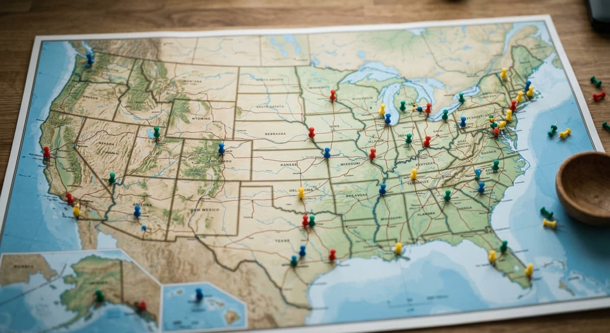 a printed map of the United States on a desk with colored pins