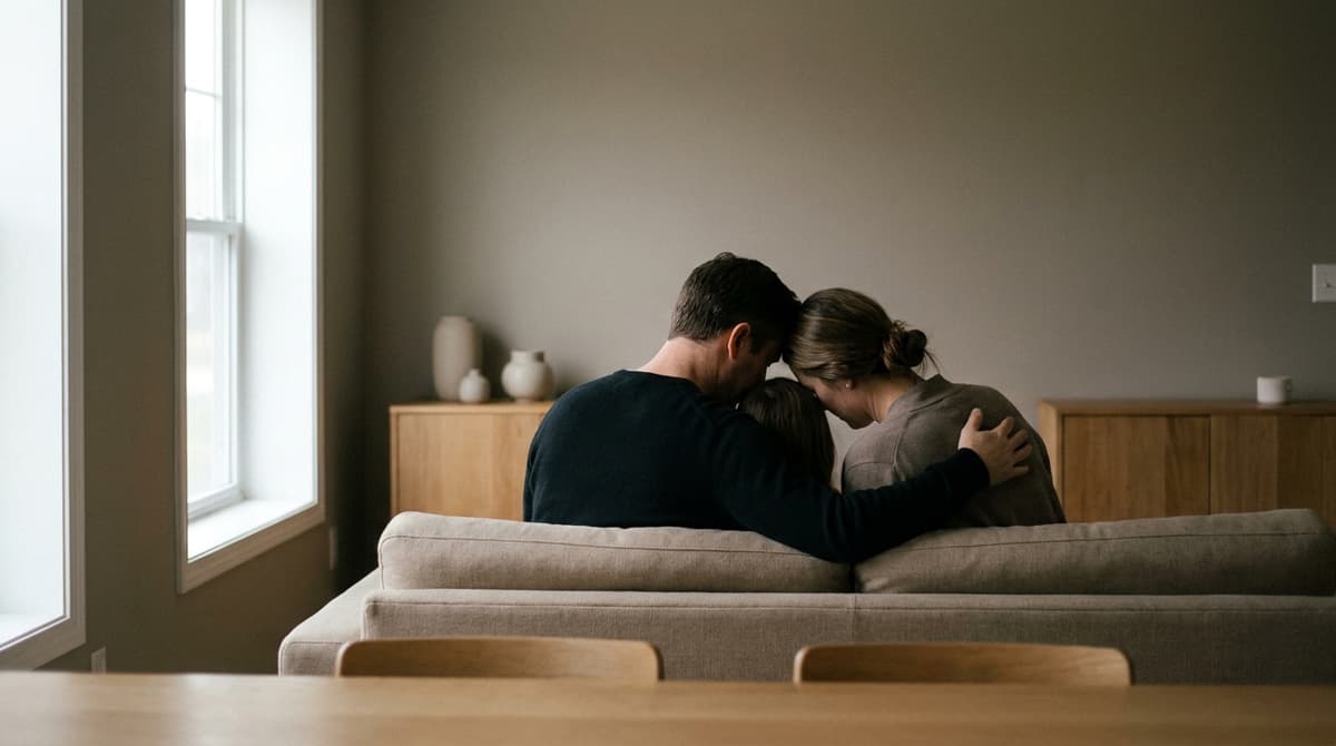 A family seen from behind sitting close on a sofa, heads together, an arm around a shoulder