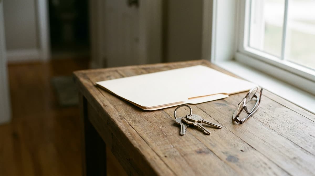 Llaves en un llavero, una carpeta cerrada y unos lentes plegados sobre una mesa de madera junto a una ventana
