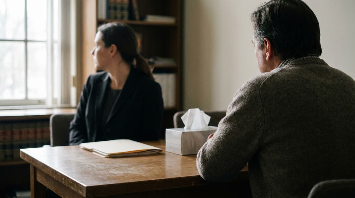A lawyer and a client across a table, illustrating a wrongful death consultation under Washington law