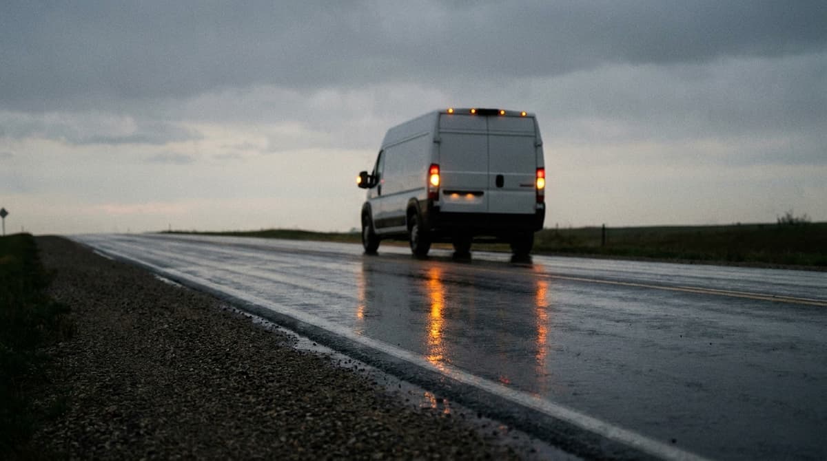 A white cargo van with amber lights on a wet two-lane road at dusk under a heavy grey sky