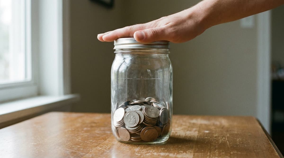 A hand resting flat on the lid of a glass jar of coins with a line scratched around the glass above the coins