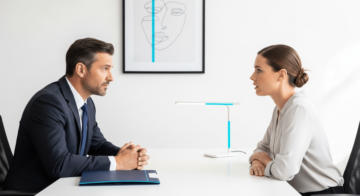 Lawyer consulting with client in office about legal defense options