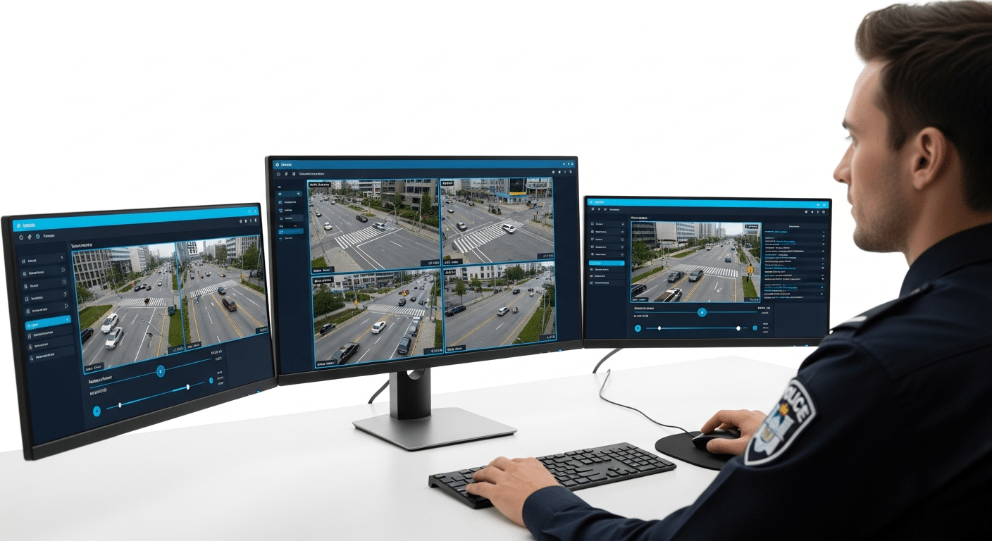 Police officer reviewing traffic camera footage on multiple computer screens