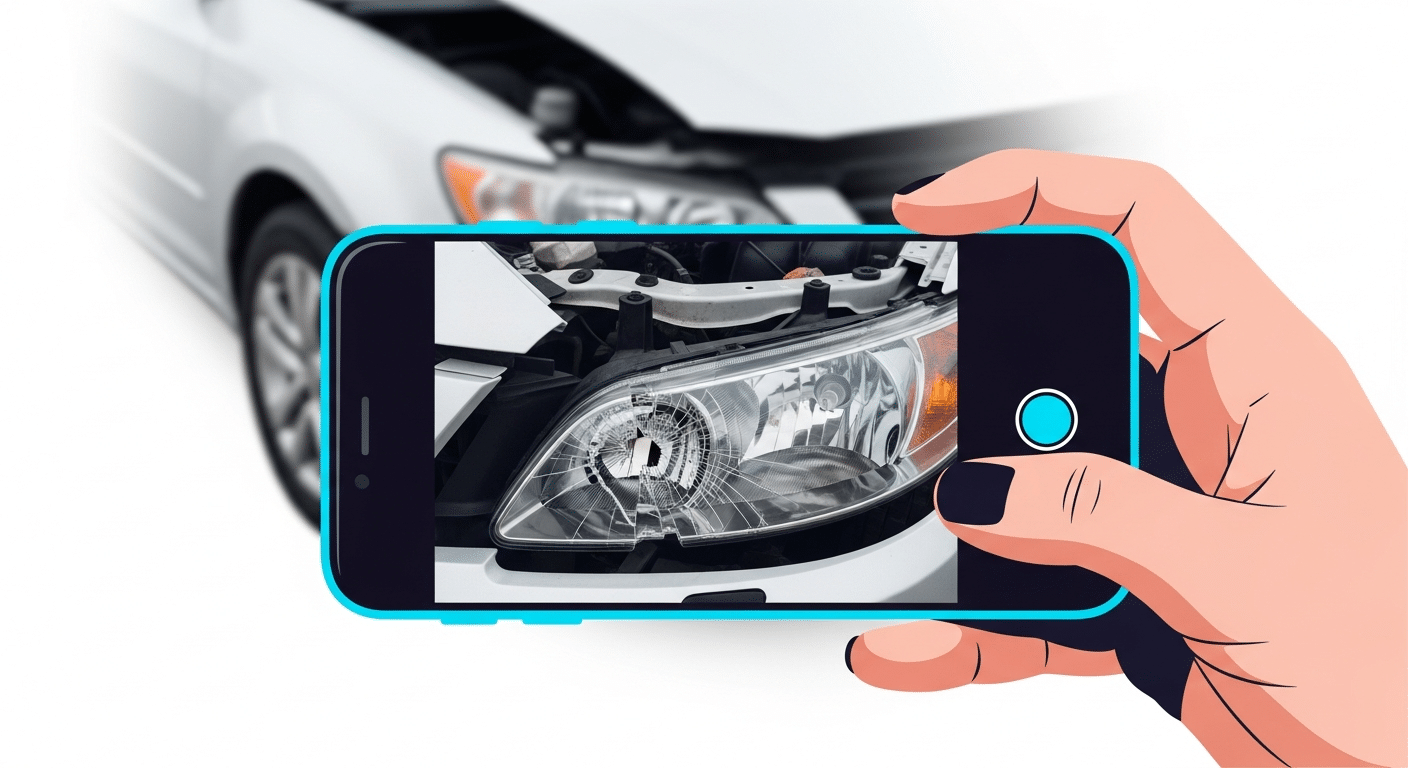 Person photographing car damage with smartphone to document evidence after accident