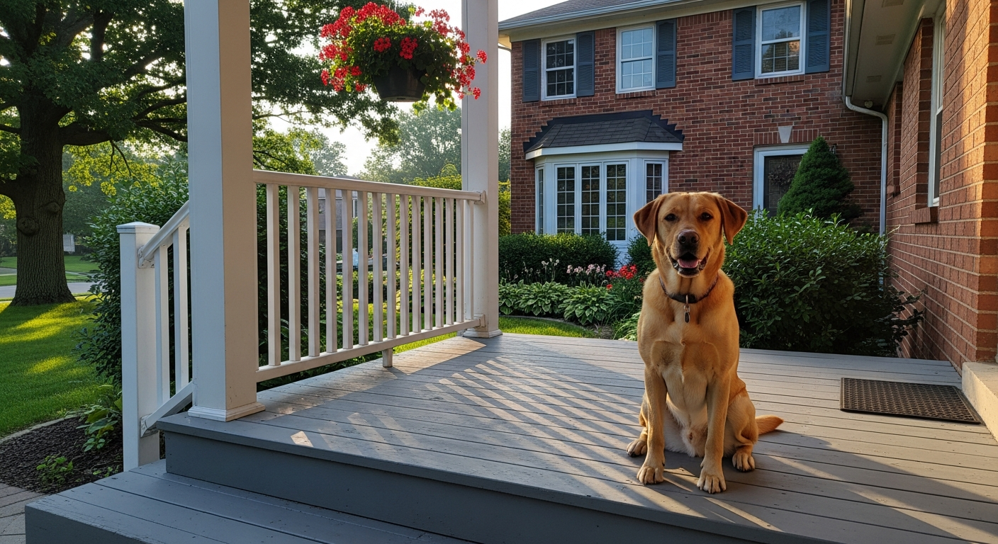 Friendly dog on a porch